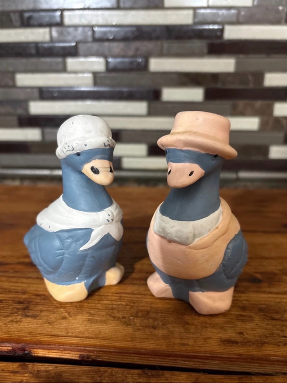 Blue and Peach Ceramic Duck Pair Decorative Salt and Pepper Shakers